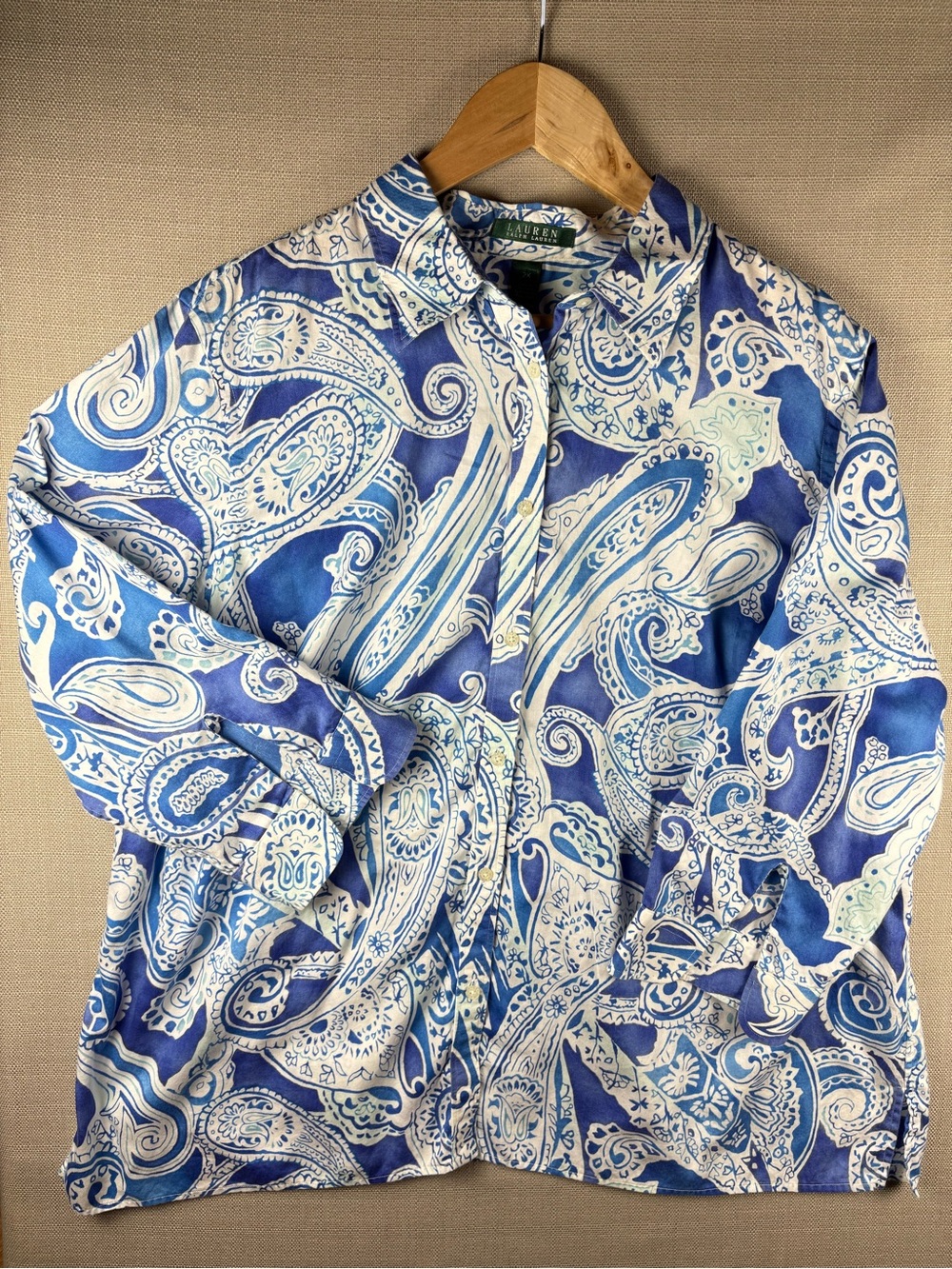 Lauren Ralph Lauren Womenโs 2X Blue Paisley Button Down Shirt 100% Cotton